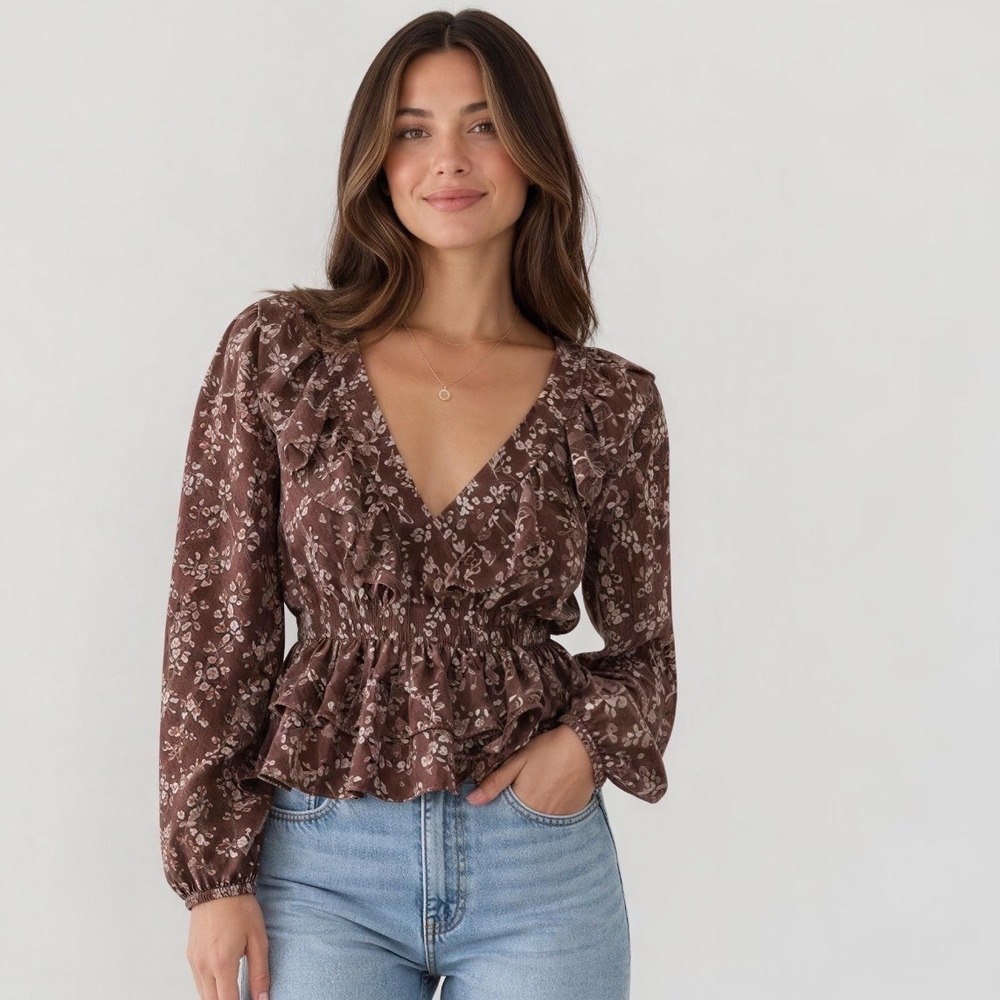 Altar'd State Brown Floral Ruffle V-Neck Peplum Blouse Long Sleeve Size Medium